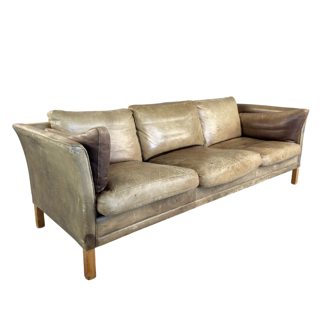 MOGENS HANSEN THREE-SEATER SOFA: Dimensions: H 26” x W 86” x D 32” x SH 17.5”. Vintage Danish three-seater brown leather sofa designed by Mogens Hansen in the 1970s.