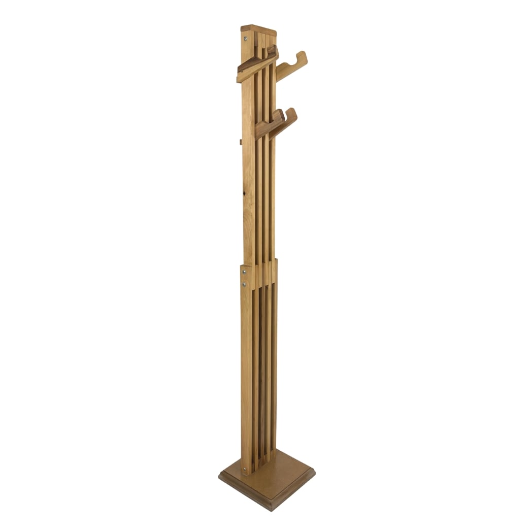 VINTAGE SCANDINAVIAN COAT RACK: Dimensions: H 70.3” x W 11.5”. Vintage Scandinavian wooden coat rack with 4 pull-out hooks.