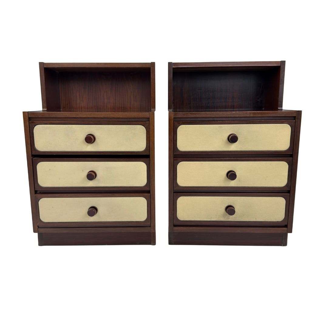ATTR LUCIANO FRIGERIO BEDSIDE TABLES, A PAIR: Dimensions: H 30” x W 19.7” x D 14”. Pair of two-colored bedside tables attributed to Luciano Frigerio. Each one with 3 drawers and a shelf.