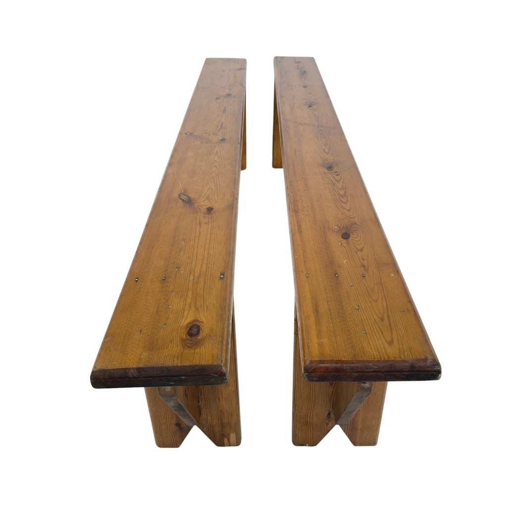 RUSTIC PINE BENCHES, A PAIR: Dimensions: H 6.3” x W 11.5” x D 11.5". Vintage pouf footrest with original burgundy tapestry with nail head trim detail.