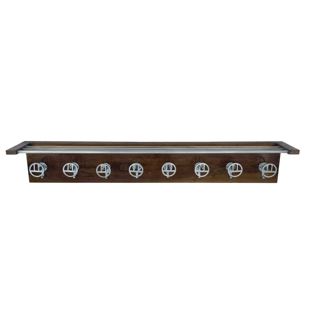 ITALIAN WALL COAT RACK: Dimensions: H 13” x W 64” x D 9.5”. Vintage Italian wall-mounted coat rack with wooden base and 8 metal hooks.