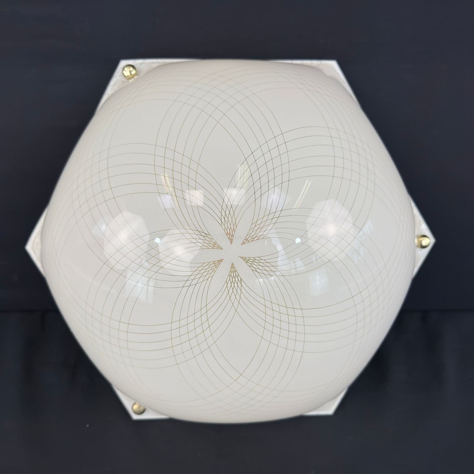 AROS CEILING LAMP: Dimensions: W 14.7” x D 6”. Italian hexagonal half-sphere ceiling lamp with fine lines and gold toned knobs by Aros.