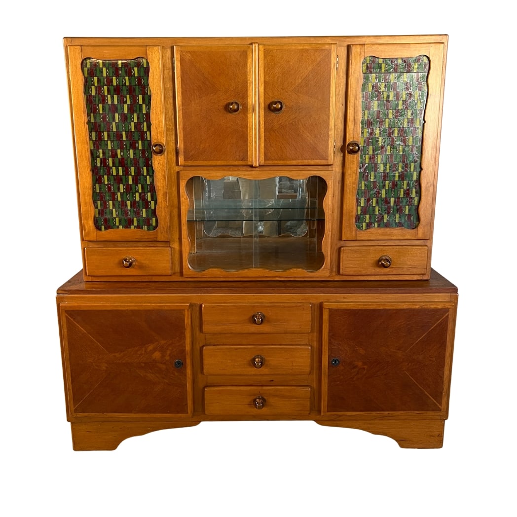 VINTAGE ART DECO KITCHEN CABINET: Dimensions: H 65.3” x W 63.3” x D 18”. Vintage Art Deco kitchen cabinet with hand painted glass panels, 5 drawers and 7 cupboards with shelves inside.