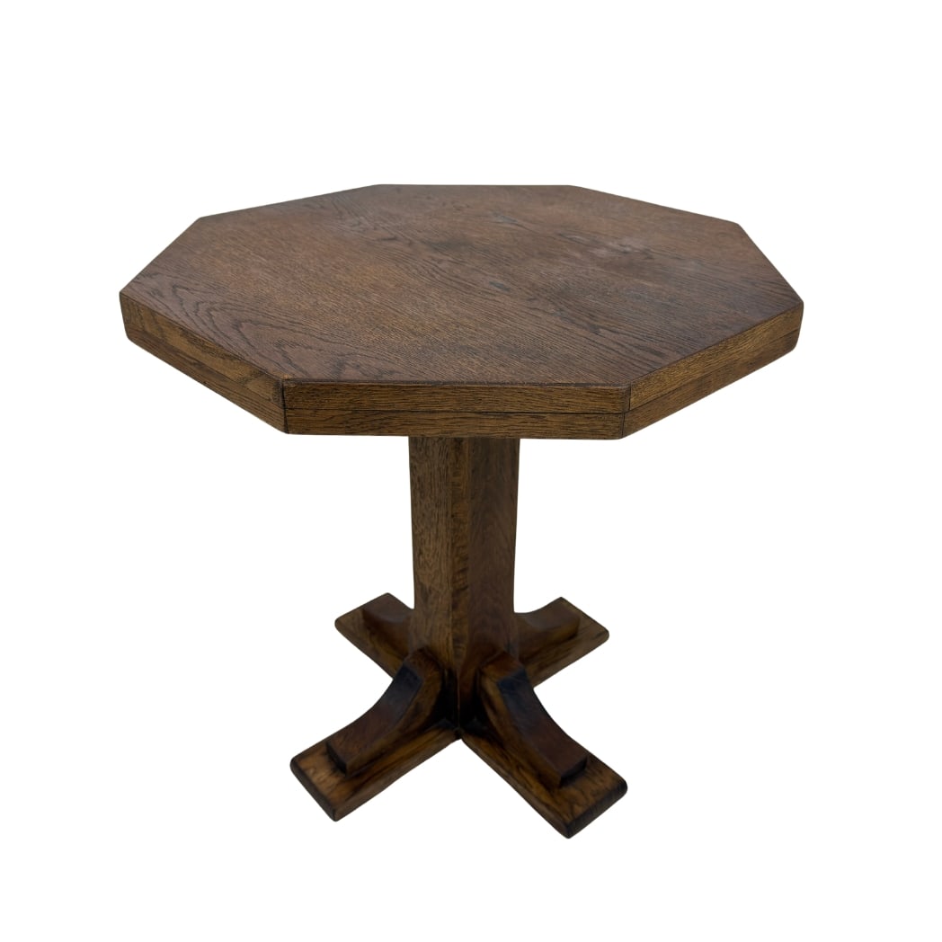 OCTAGONAL COFFEE TABLE: Dimensions: H 20” x W 19.5”. Vintage oak pedestal brutalist coffee or side table.