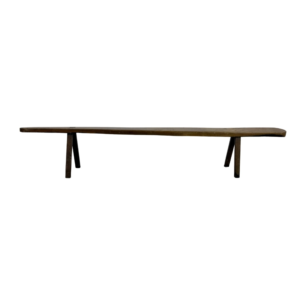 FRENCH ANTIQUE RUSTIC BENCH: Dimensions: H 17" x W 99” x D 7.5”. Antique French Rustic Farmhouse bench, handcrafted from solid wood.