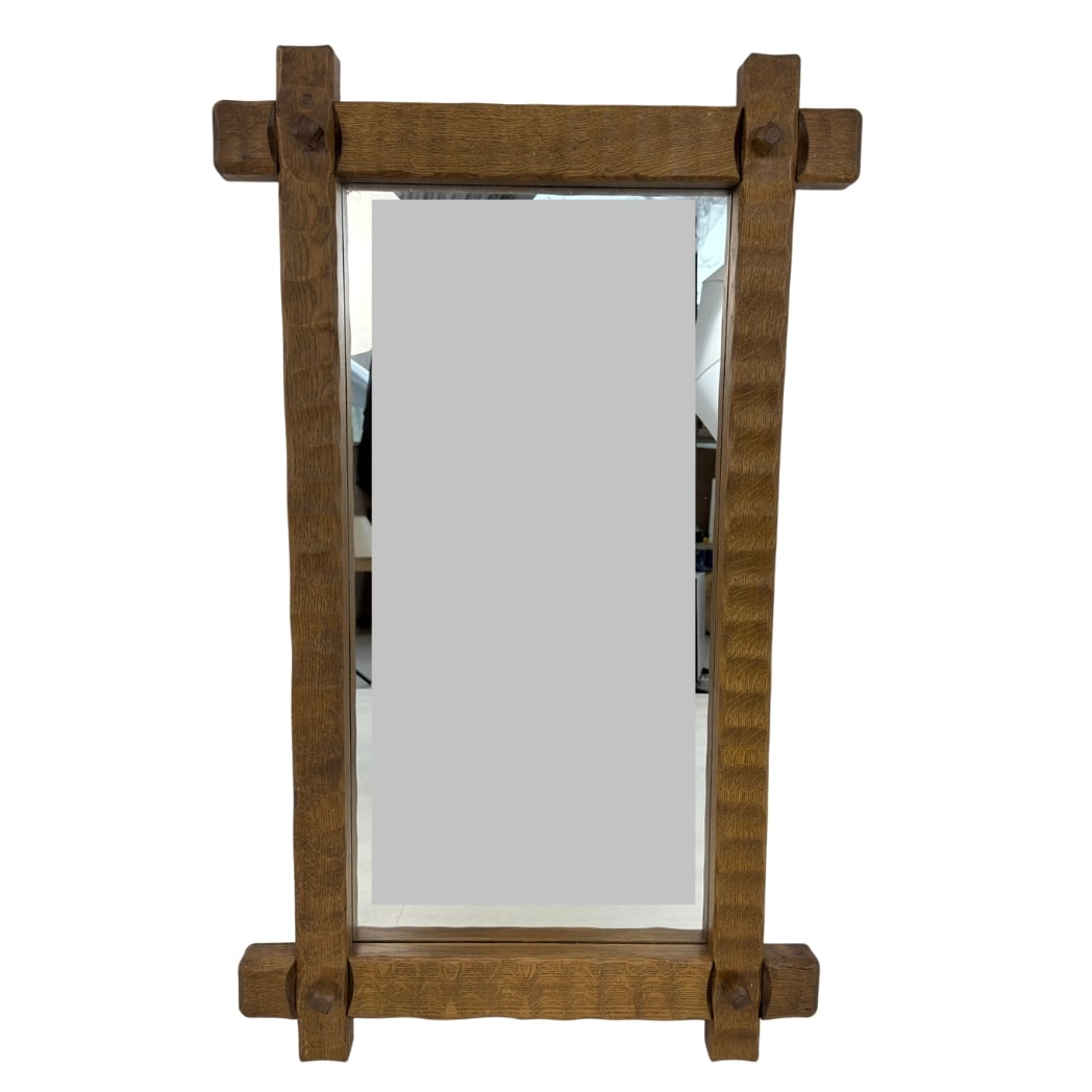 BRUTALIST WALL MIRROR: Dimensions: H 40” x W 23.5”. Vintage Brutalist hand carved oak wall mirror.