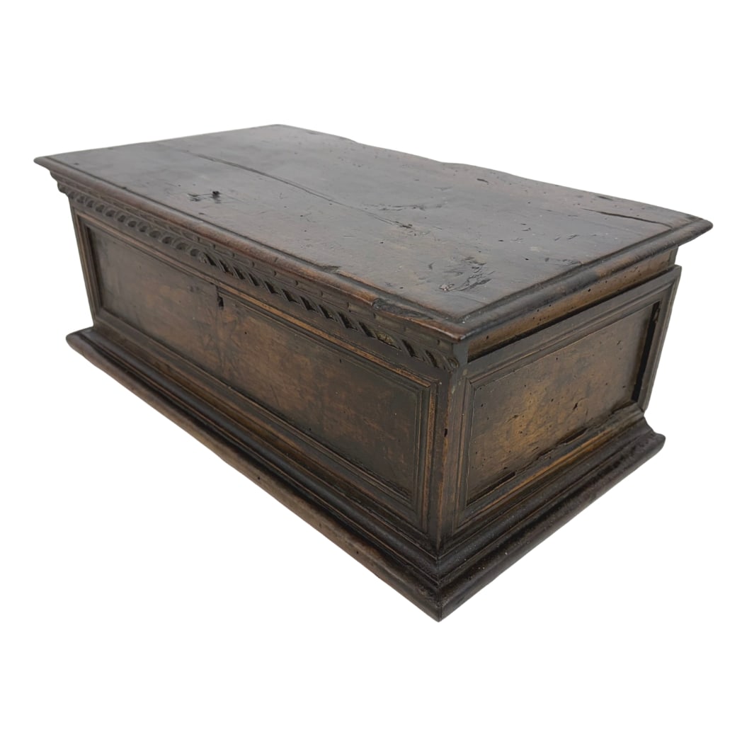 17c OR EARLIER ANTIQUE WOODEN CHEST: Dimensions: H 8.5” x W 20.7” x D 11.3”. Antique carved wood blanket chest / box.