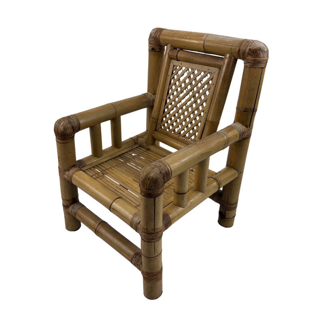 ITALIAN BAMBOO ARMCHAIR, 1970s: Dimensions: H 36” x W 24” x D 25.5” x SH 15”. Vintage Italian bamboo and wicker lounge armchair from the 1970s.