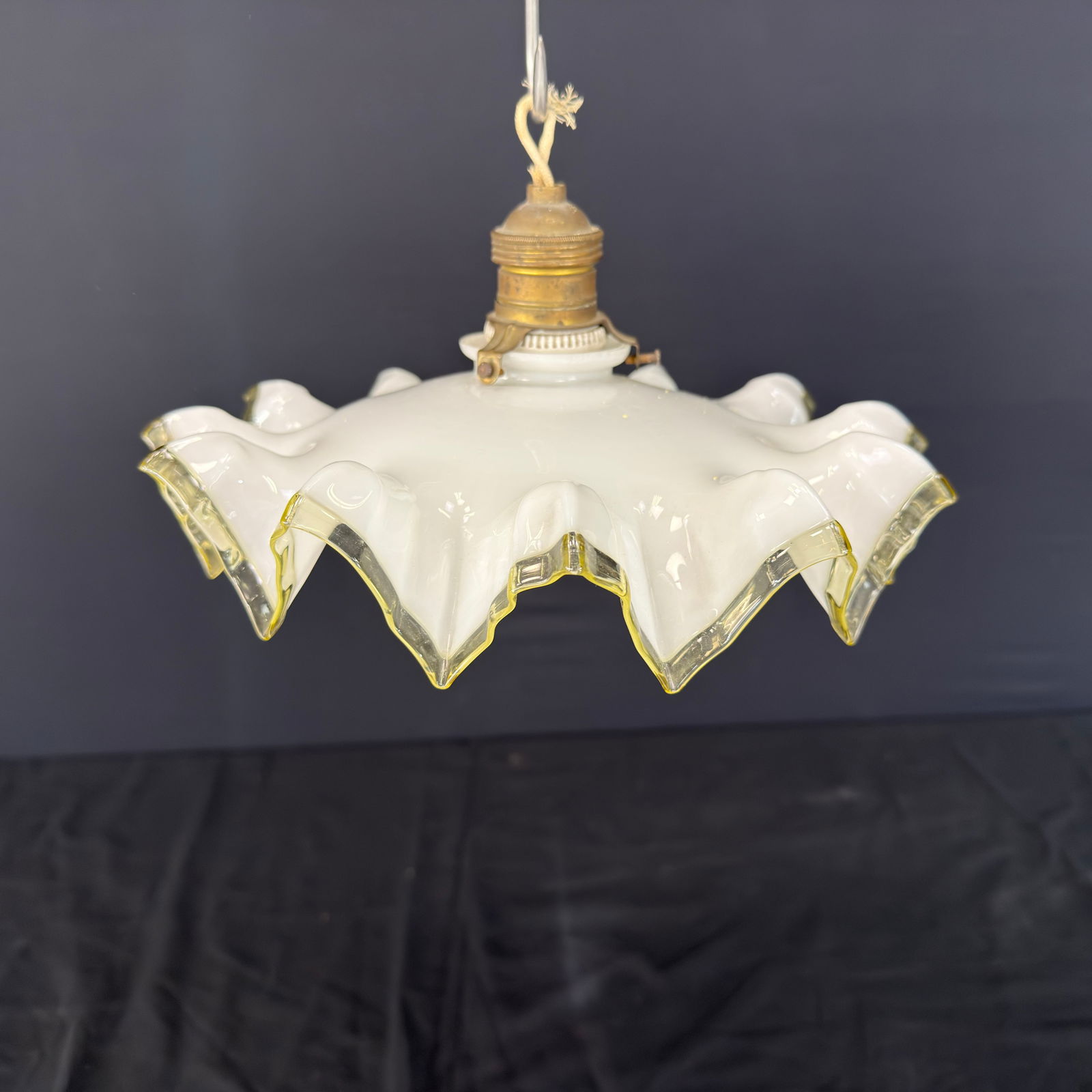 VINTAGE FRENCH LACE GLASS PENDANT LIGHT: Dimensions: H 5.5” x W 10.5”. Vintage French pendant light in white and yellow translucent lace glass.
