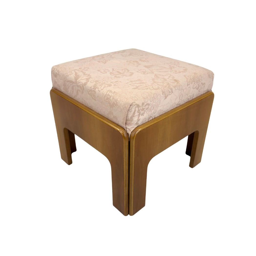 VINTAGE SCANDINAVIAN FOOTSTOOL: Dimensions: H 17.5” x W 17”. Vintage Scandinavian footstool with original light pink upholstery.