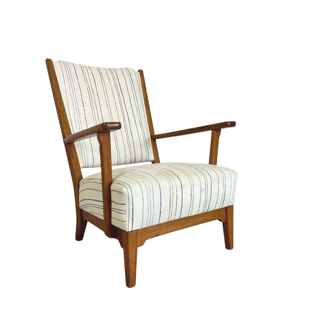 VINTAGE SCANDINAVIAN LOUNGE CHAIR: Dimensions: H 36.5” x W 27” x D 28.5” x SH 16.3”. Vintage Scandinavian lounge chair in original striped fabric upholstery.