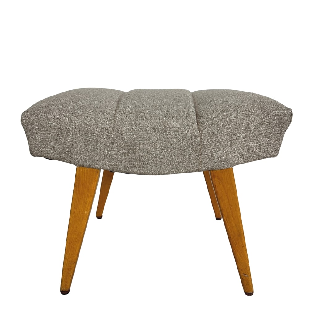 VINTAGE DANISH OTTOMAN: Dimensions: H 17.7” x W 21.5” x D 17”. Vintage Danish ottoman/stool, newly upholstered in grey fabric.