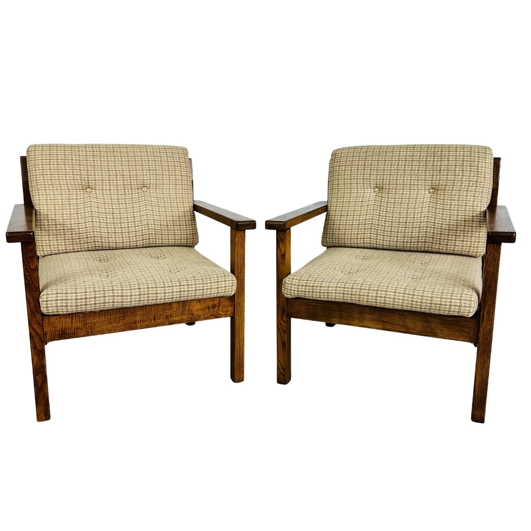 DANISH LOUNGE CHAIRS, A PAIR: Dimensions: H 30.5” x W 28” x D 26.5” x SH 15.5”. Pair of Vintage Danish lounge chairs, upholstered in beige striped fabric.