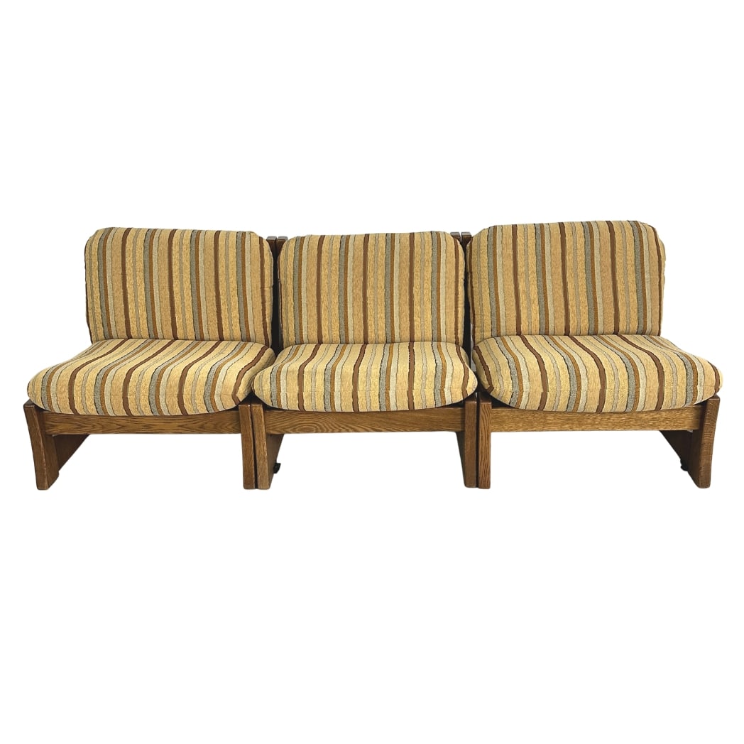 (3) CARL STRAUB ATTR BRUTALIST MODULAR SOFA: Dimensions: H 27.5” x W 86.5” x SD 22” x SH 16.7”. Vintage Brutalist 3-piece modular sofa attributed to Carl Straub with original striped upholstery.