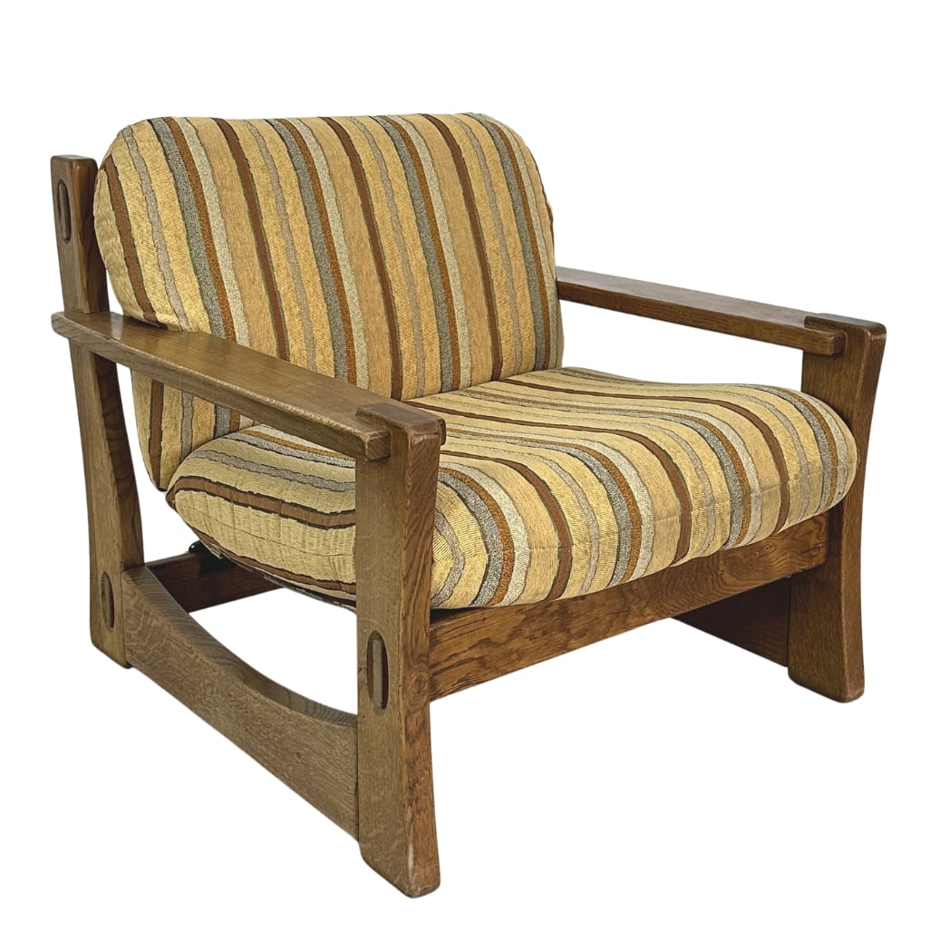 CARL STRAUB ATTR BRUTALIST LOUNGE CHAIR: Dimensions: H 29” x W 32” x D 31.5” x SH 16.5”. Vintage Brutalist lounge chair attr to Carl Straub with original striped upholstery.