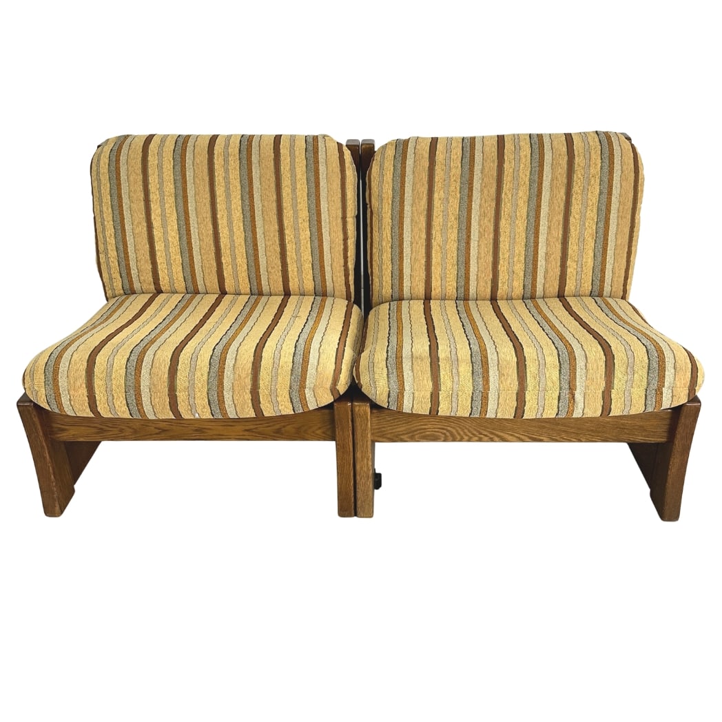 (2) CARL STRAUB ATTR BRUTALIST MODULAR SOFA: Dimensions: H 27.5” x W 55.3” x SD 22” x SH 16.7”. Vintage Brutalist 2-piece modular sofa attributed Carl Straub with original striped upholstery.