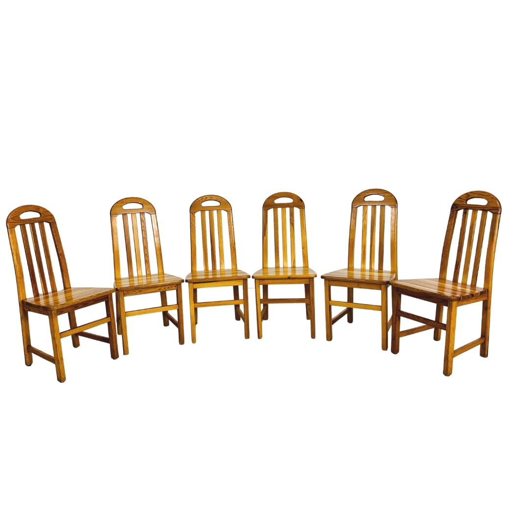 (6) SCANDINAVIAN PINE DINING CHAIRS: Dimensions: H 38” x W 17.3” x D 18” x SH 18”. Set of 6 Vintage Scandinavian pine slatted back dining chairs.