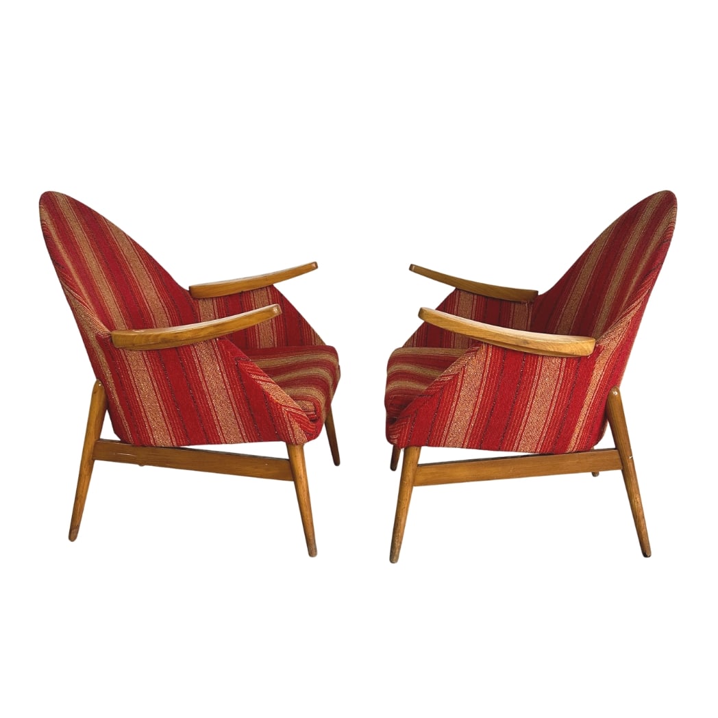 LOUNGE CHAIRS BY JULIA GAUBEK, A PAIR: Dimensions: H 32” x W 27” x D 23.5” x SH 14.7”. Pair of rare vintage lounge chairs, designed by Julia Gaubek, upholstered in original red striped fabric from the 1960s.