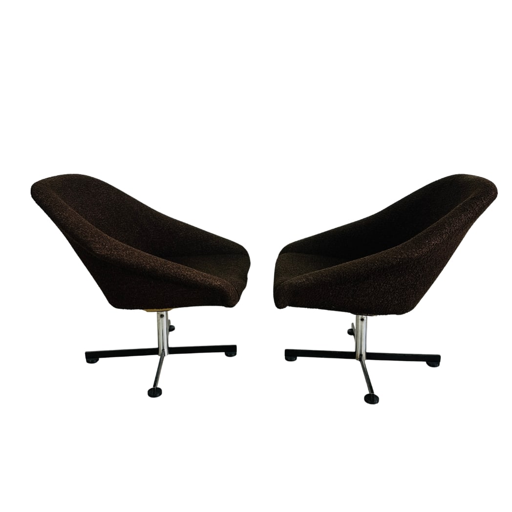 DANISH SWIVEL ARMCHAIRS, A PAIR: Dimensions: H 29” x W 27” x D 28” x SH 15.5”. Pair of Vintage Danish swivel egg chairs from the 1970s, upholstered in brown textured fabric.