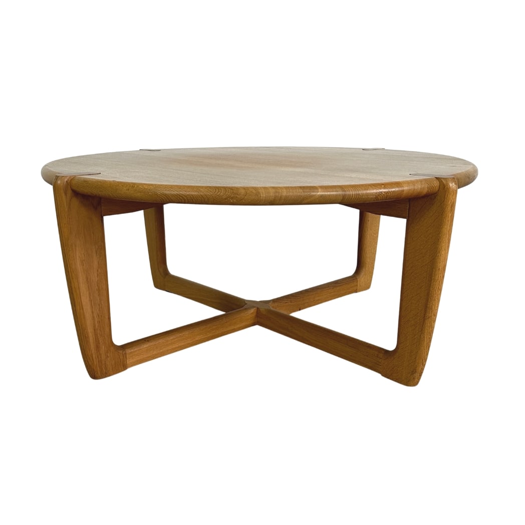 DANISH PINE COFFEE TABLE: Dimensions: H 20.5” x W 48.3”. Vintage Danish round coffee table, 1970s.