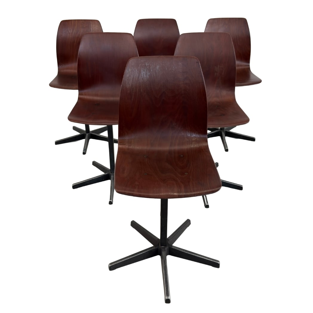 (6) DINING CHAIRS BY ELMAR FLOTOTTO, 1970s: Dimensions: H 31” x W 14” x SD 13.3” x SH 18”. Set of 6 Vintage Industrial style dining chairs, designed by Elmar Flototto for Pagholz Flototto.