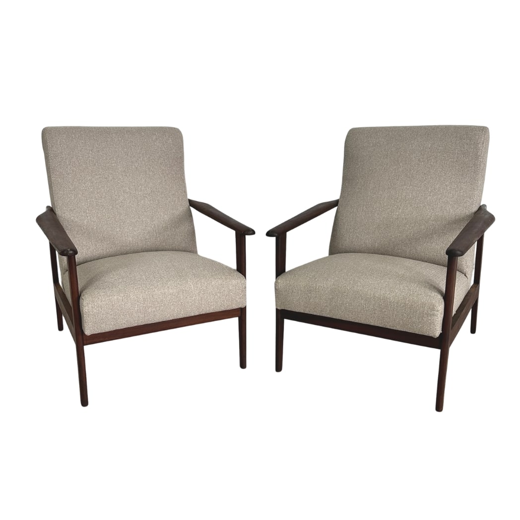 DANISH LOUNGE CHAIRS, A PAIR: Dimensions: H 31.5” x W 26” x D 28” x SH 16.5”. Pair of Vintage Danish lounge chairs with dark wood frame, newly upholstered in beige fabric.