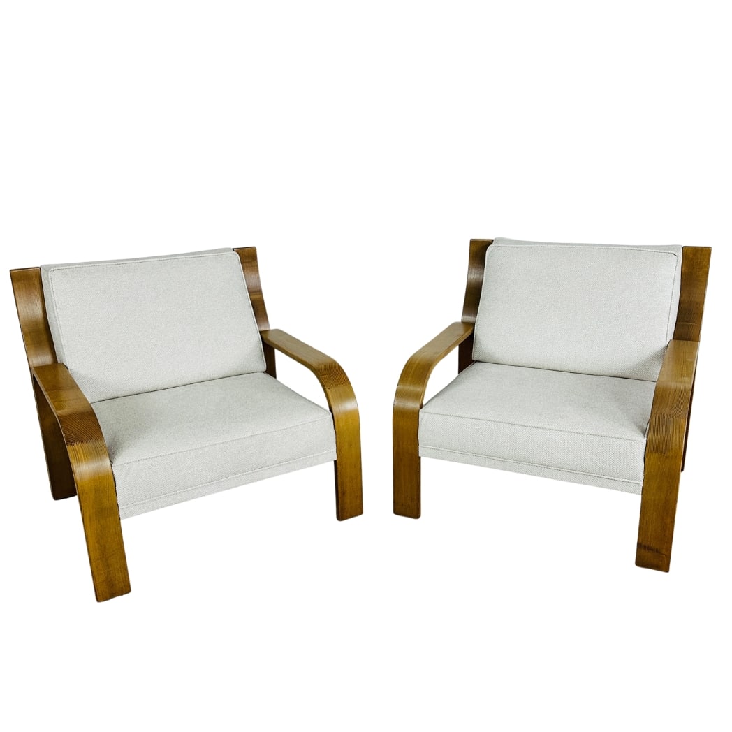 WALTER KNOLL ARMCHAIRS, A PAIR: Dimensions: H 30” x W 32.5” x SD 20.5” x SH 15.5”. Pair of Vintage bentwood armchairs designed by Walter Knoll, newly upholstered in off-white fabric.