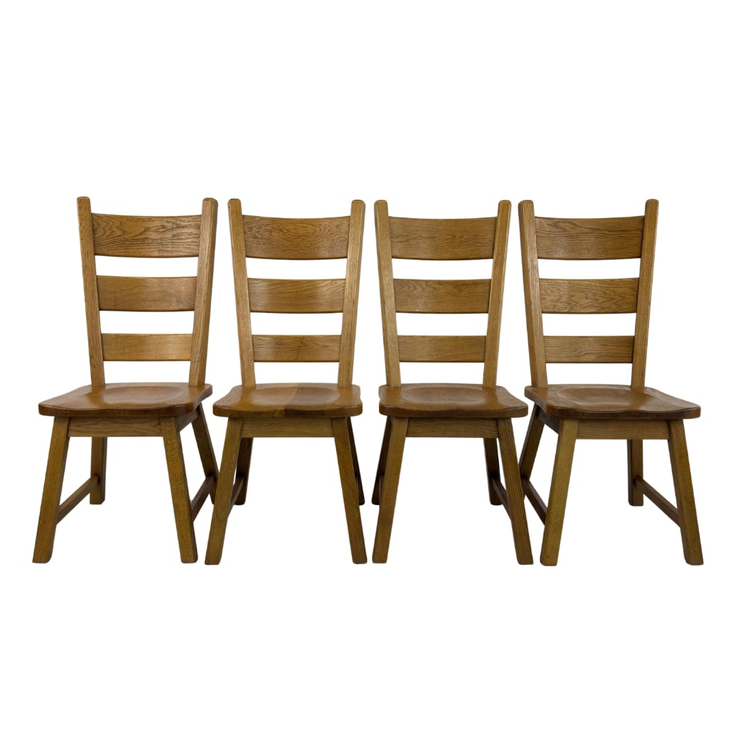(4) RUSTIC FARMHOUSE DINING CHAIRS: Dimensions: H 42.3” x W 17.3” x SD 18” x SH 18.5”. Vintage set of 4 Rustic solid oak ladder back dining chairs.