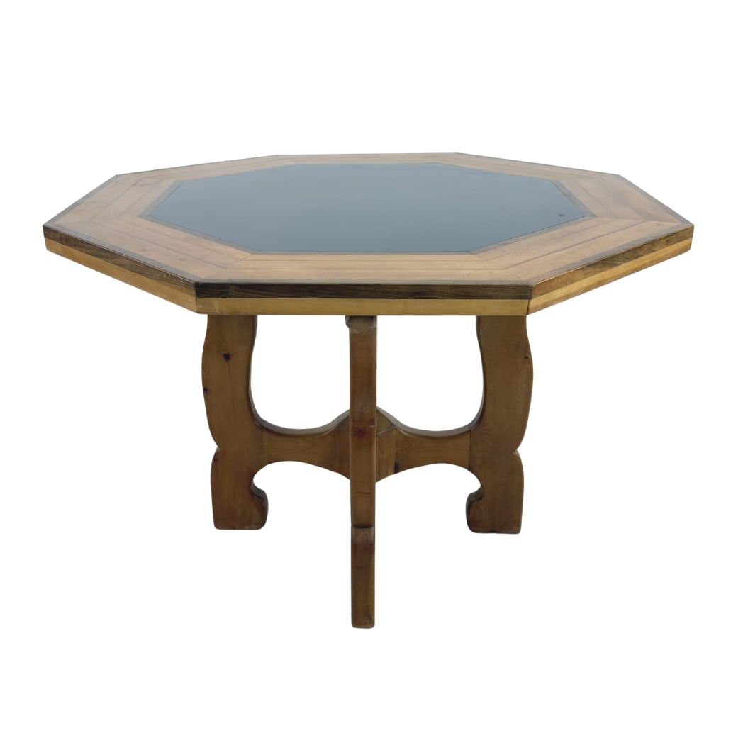 SCANDINAVIAN PINE BREAKFAST TABLE: Dimensions: H 29.7” x W 42.7”. Vintage Scandinavian octagonal breakfast table with stone top and pine wood base.