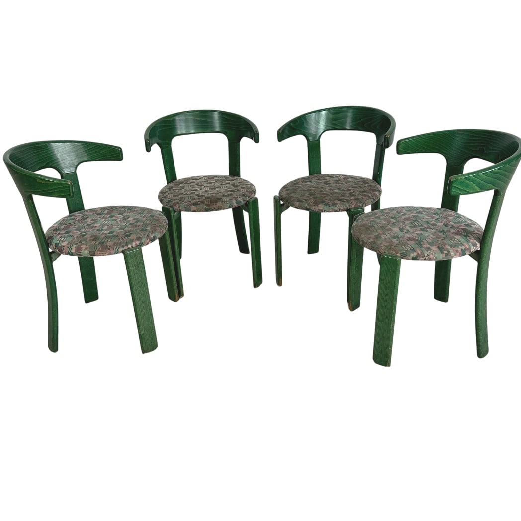(4) VINTAGE DINING CHAIRS BY BRUNO REY, 1970s: Dimensions: H 29.5” x W 20” x SD 17.5” x SH 18”. Set of 4 Vintage Swiss dining chairs by Bruno Rey for Kusch & Co in dark green finish with original upholstered seats.