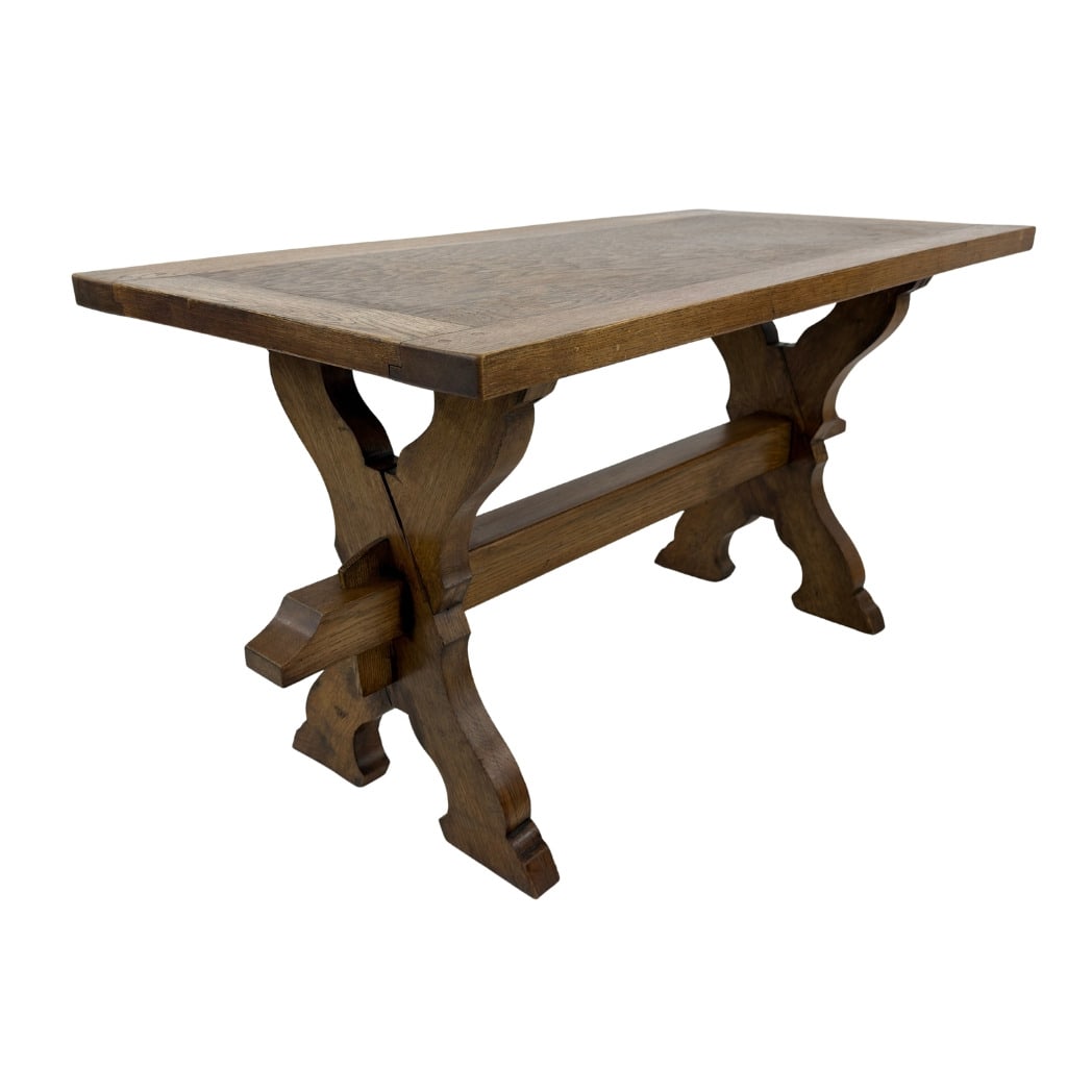 BRUTALIST TRESTLE COFFEE TABLE: Dimensions: H 23.7” x W 45” x D 22.3”. Vintage brutalist trestle oak coffee or side table.