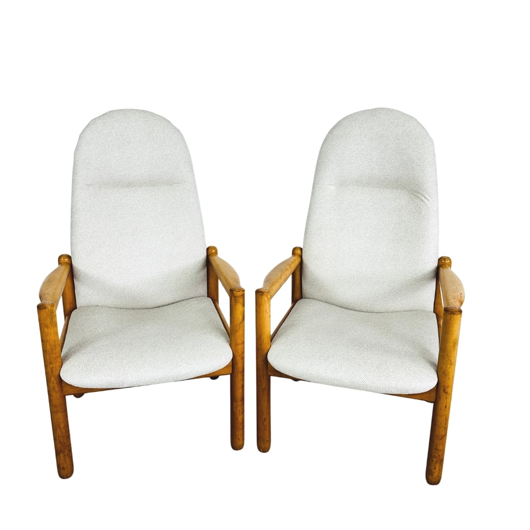 DANISH LOUNGE CHAIRS, A PAIR: Dimensions: H 45.7” x W 26.5” x D 22” x SH 17.5”. Pair of Vintage Danish high back lounge chairs, newly upholstered in off-white fabric.