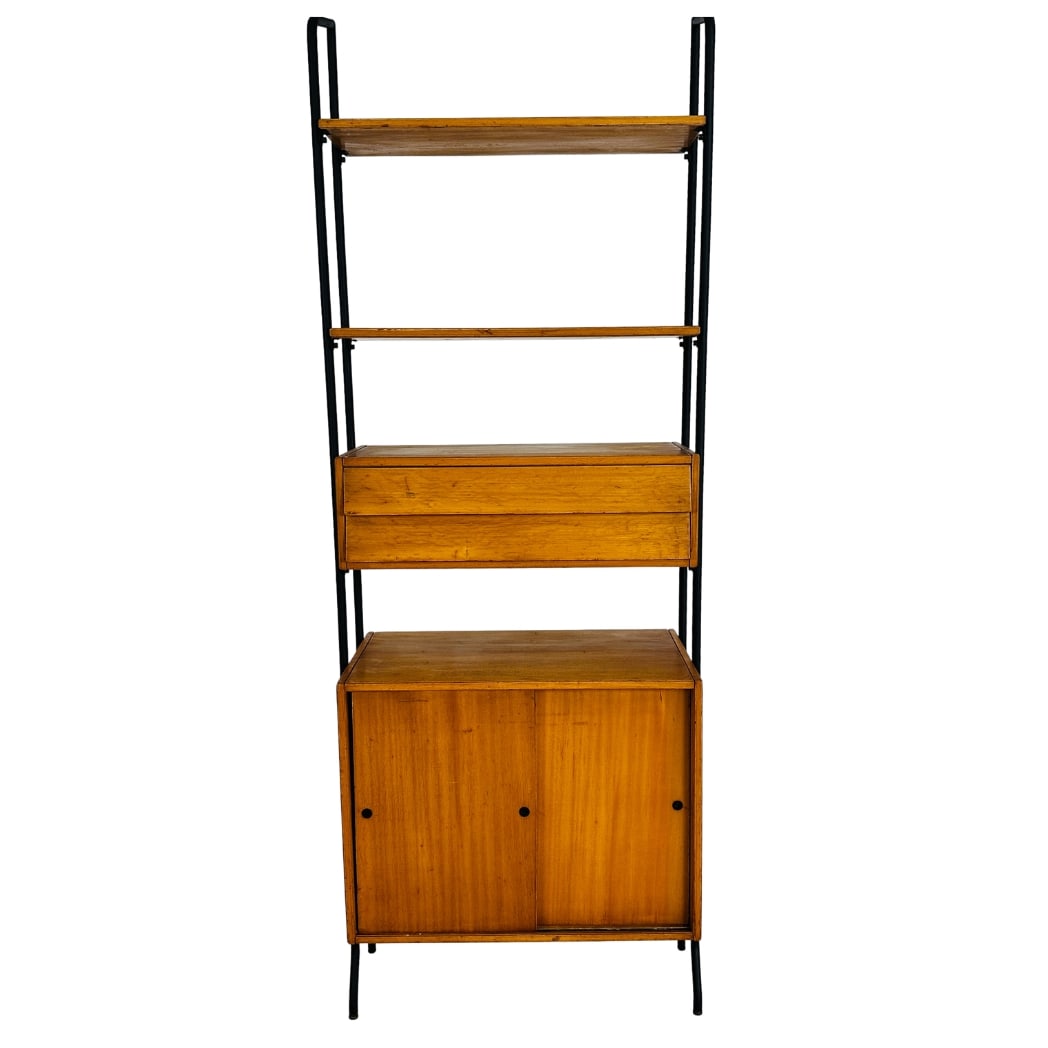 ITALIAN TEAK SHELVING SYSTEM, 1960s: Dimensions: H 86.3” x W 32” x D 16”. Vintage Italian teak and metal wall unit bookcase with one cupboard with sliding doors, 2 drawers and shelves.
