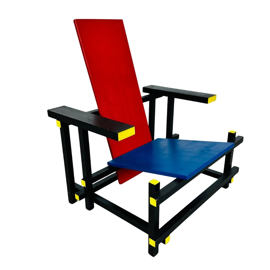 REPLICA GERRIT RIETVELD RED AND BLUE CHAIR CASSINA: Dimensions: H 33.7” x W 28.5” x D 23.5” x SH 13”. Vintage replica manner of Gerrit Rietveld red and blue chair for Cassina.