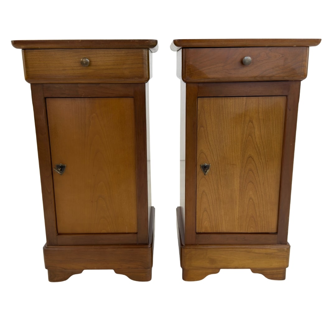 FRENCH BEDSIDE TABLES, A PAIR: Dimensions: H 29.7” x W 15.5” x D 13.3”. Pair of Vintage French bedside tables, each one with one small drawer and a cupboard with key.