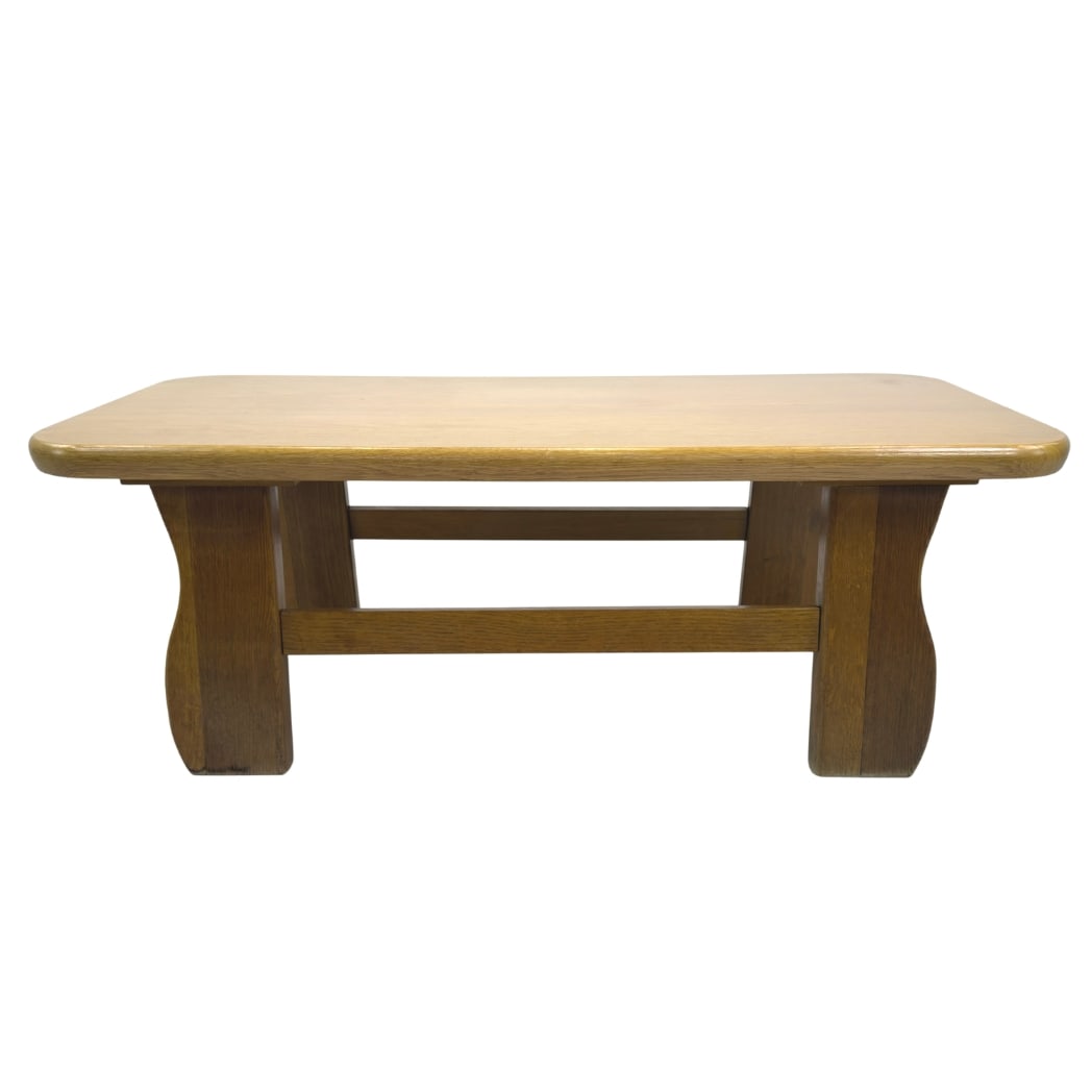 SCANDINAVIAN BRUTALIST COFFEE TABLE: Dimensions: H 16” x W 47.3” x D 23.7”. Vintage Scandinavian low coffee table with solid legs with stretchers.