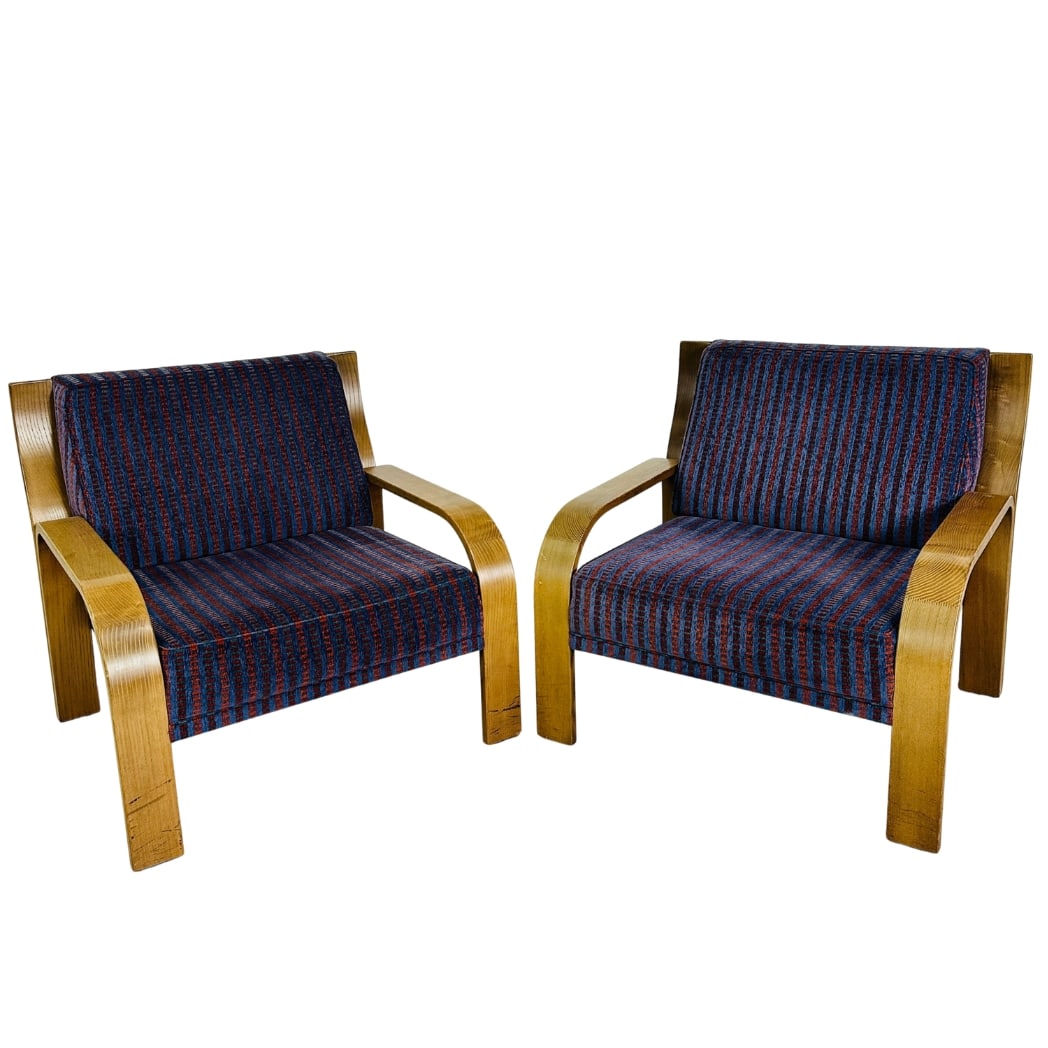 WALTER KNOLL ARMCHAIRS, A PAIR: Dimensions: H 30” x W 32.7” x SD 20.5” x SH 15.5”. Pair of Vintage bentwood armchairs designed by Walter Knoll, upholstered in original blue fabric.