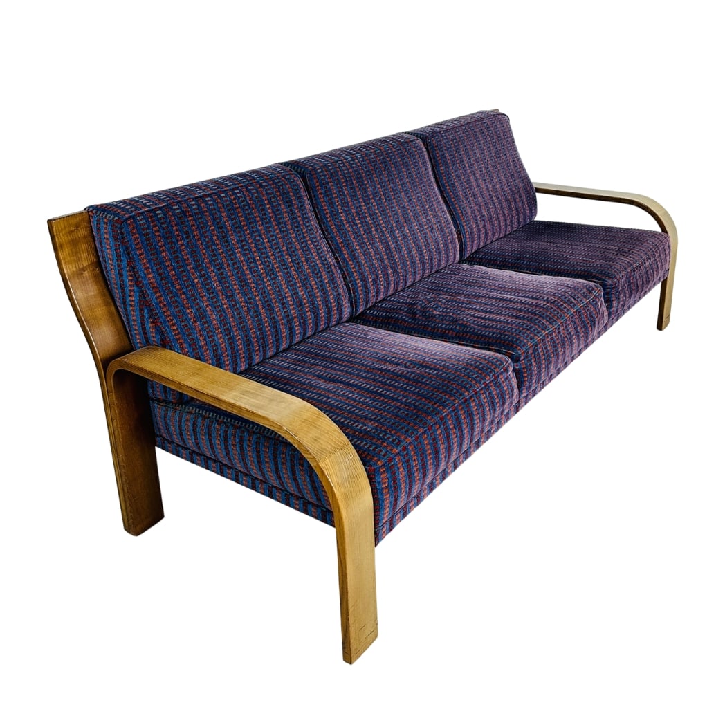 WALTER KNOLL THREE-SEATER SOFA: Dimensions: H 31” x W 78.3” x SD 21” x SH 16”. Vintage bentwood three-seater sofa designed by Walter Knoll, upholstered in original blue fabric.