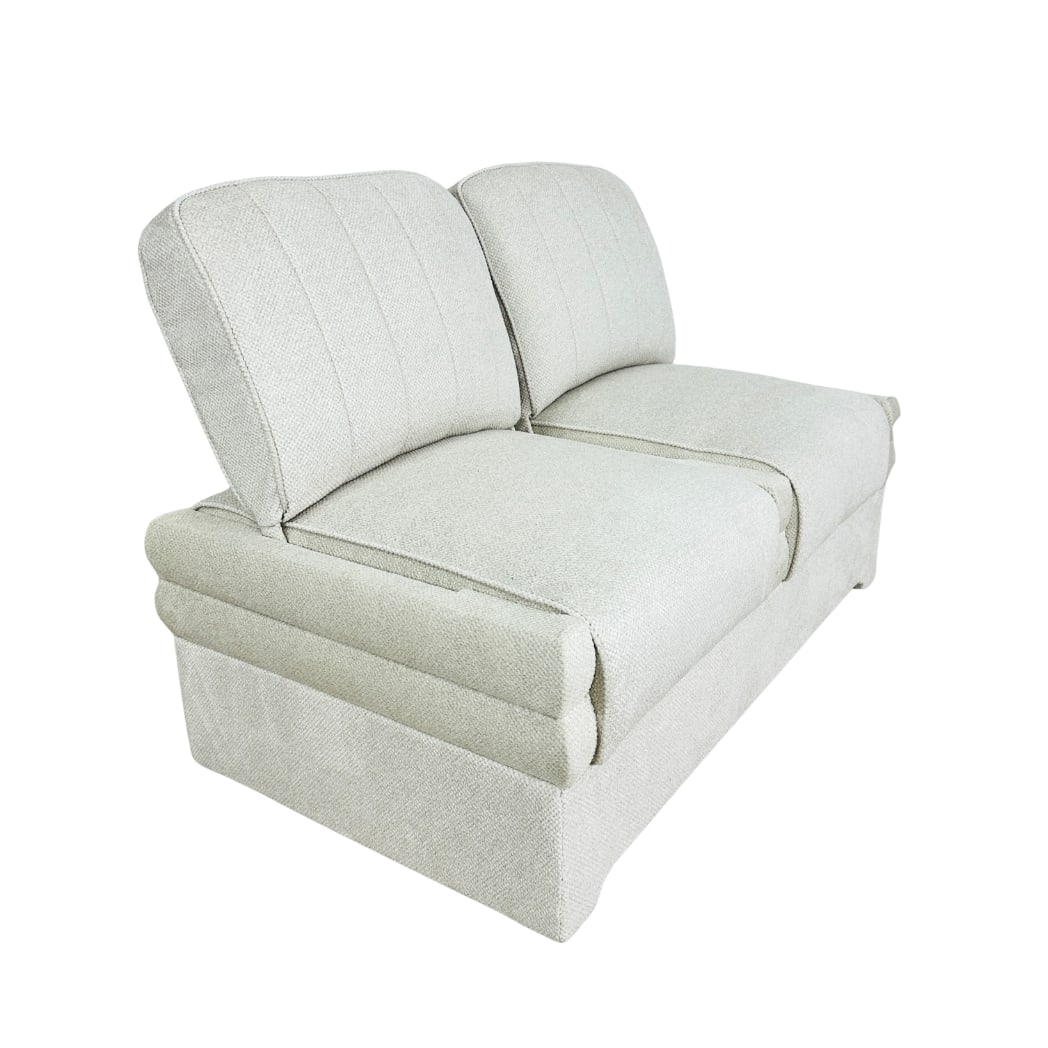 DANISH MODULAR SOFA: Dimensions: H 31” x W 48.5” x D 28” x SH 18”. Vintage Danish two-seater sofa, newly upholstered in off-white fabric with modular adjustable backrests for different seating