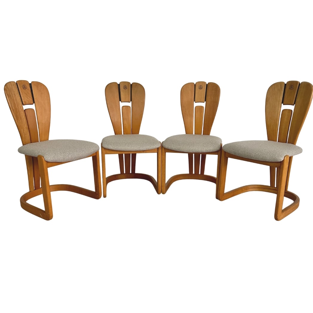 (4) DUTCH BRUTALIST DINING CHAIRS: Dimensions: H 34” x W 18” x D 18.5” x SH 17.5”. Set of 4 Vintage Dutch Brutalist dining chairs with newly upholstered seats in beige fabric.