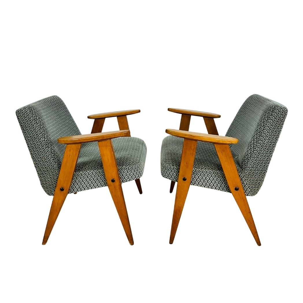 JOZEF CHIEROWSKI LOUNGE CHAIRS, A PAIR: Dimensions: H 26” x W 24” x D 20.3” x SH 17.5”. Pair of Vintage Type 366 lounge chairs designed by Jozef Chierowski in the 1960s, upholstered in original geometric pattern