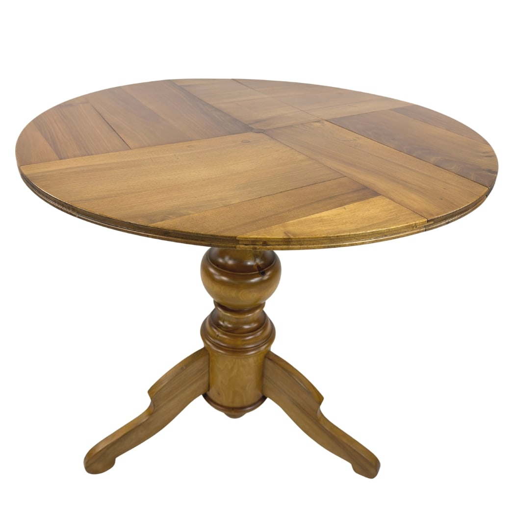 ANTIQUE FRENCH TILT TOP BREAKFAST TABLE: Dimensions: H 27.3” x W 31.7”. Antique French tilt top drop leaf breakfast table with pedestal base.
