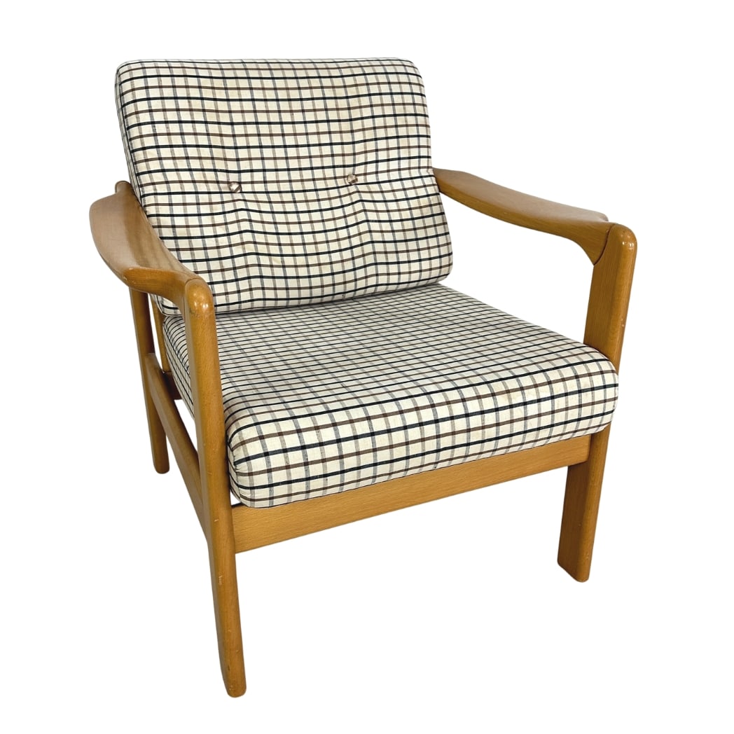 DANISH LOUNGE CHAIR, 1970s: Dimensions: H 30” x W 28” x D 28” x SH 16.5”. Vintage Danish lounge chair, upholstered in original checkered fabric.