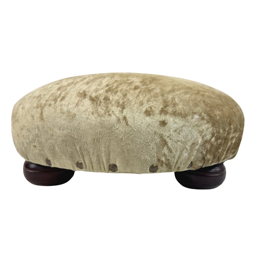 VINTAGE FRENCH FOOTSTOOL: Dimensions: H 5.5” x W 11.5”. Vintage French round footstool, upholstered in original velvet fabric with nailhead trim detail.