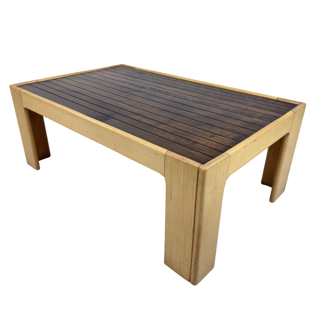SCANDINAVIAN COFFEE TABLE: Dimensions: H 16.5” x W 43.3” x D 27.3”. Vintage Danish or Scandinavian two-tone coffee table with removable slatted top.