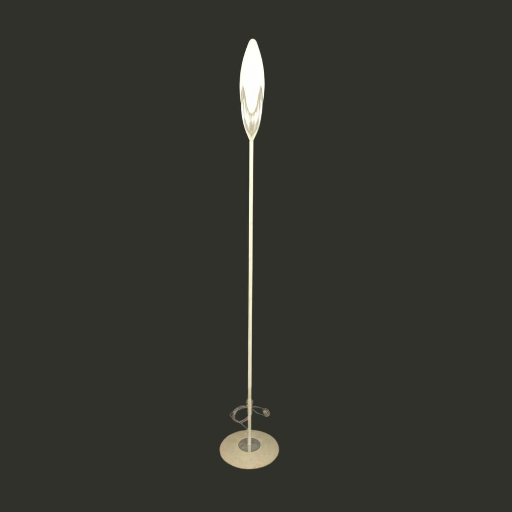 LUCIEN GAU PARIS FLOOR LAMP: Dimensions: H 75.5" x W 12" . Vintage French floor lamp Lucien Gau Paris with matte glass shade and aluminum base.