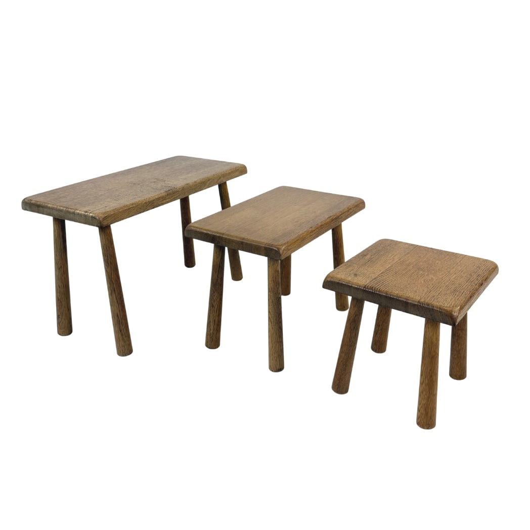 (3) DUTCH BRUTALIST NESTING TABLES: Dimensions: H 17” x W 25.5” x D 12”. Set of 3 Dutch Brutalist oak nesting tables. Dimensions: H 15.3” x W 18” x D 12”/ H 13.5” x W 12 x D 12”.
