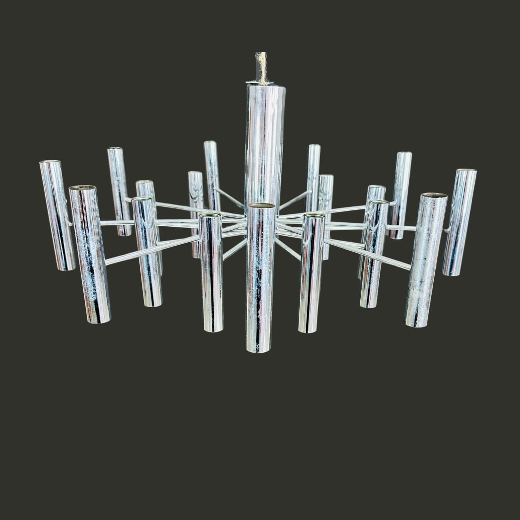 GAETANO SCIOLARI CHANDELIER: Dimensions: H 14” x W 26”. Vintage Italian Space Age chrome chandelier designed by Gaetano Sciolari in the 1970s.