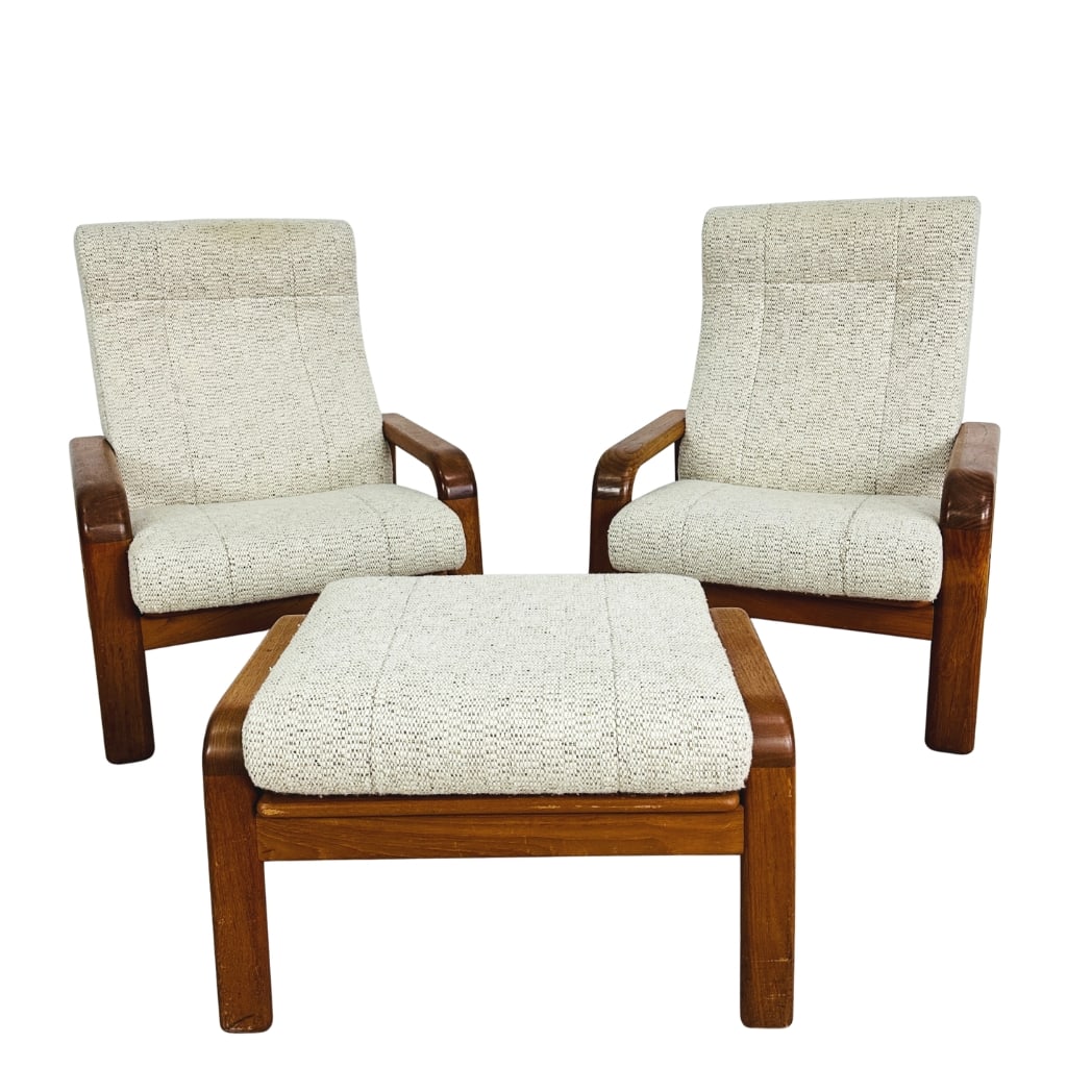 (2) HS DESIGN LOUNGE CHAIRS WITH OTTOMAN: Dimensions: H 39” x W 30.3” x SD 20.5” x SH 18”. Pair of Vintage Danish lounge chairs by HS Design with matching ottoman/footstool with solid teak frames and newly upholstered