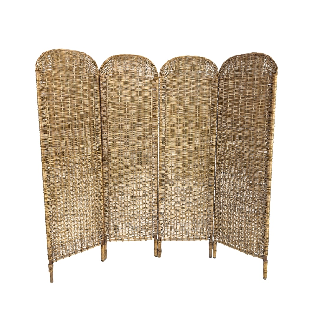 ITALIAN SCREEN ROOM DIVIDER: Dimensions: H 61” x W 68.5”. Vintage Italian four-panel rattan screen room divider.